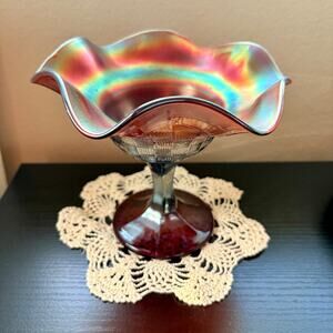 Antique Northwood Amethyst Rainbow Carnival Glass Pedestal Dish, Basket Weave